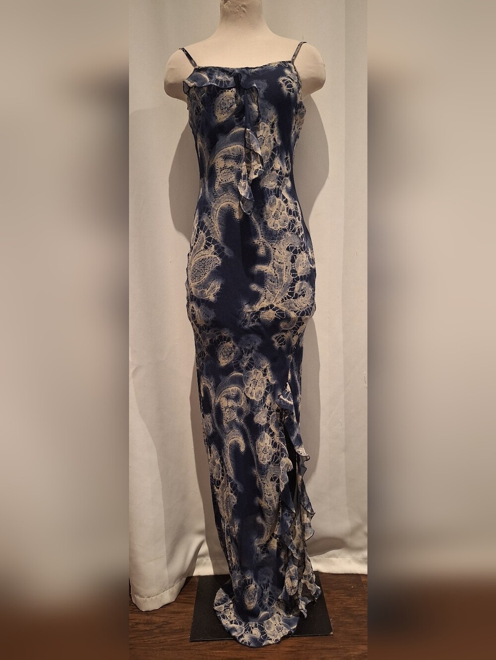 Monice London Ruffle Navy Blue Lace-Print Spaghetti Strap Maxi Dress